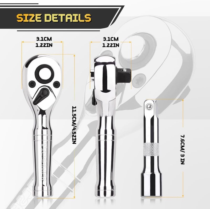Tiosamd Stubby Ratchet Set- 3/8" Drive Ratchet Handle with a Extension Bars, Gift for Men 72-T Reversible Quick Release Head Premium Mini Ratchet Wrench for Narrow Spaces - Image 2